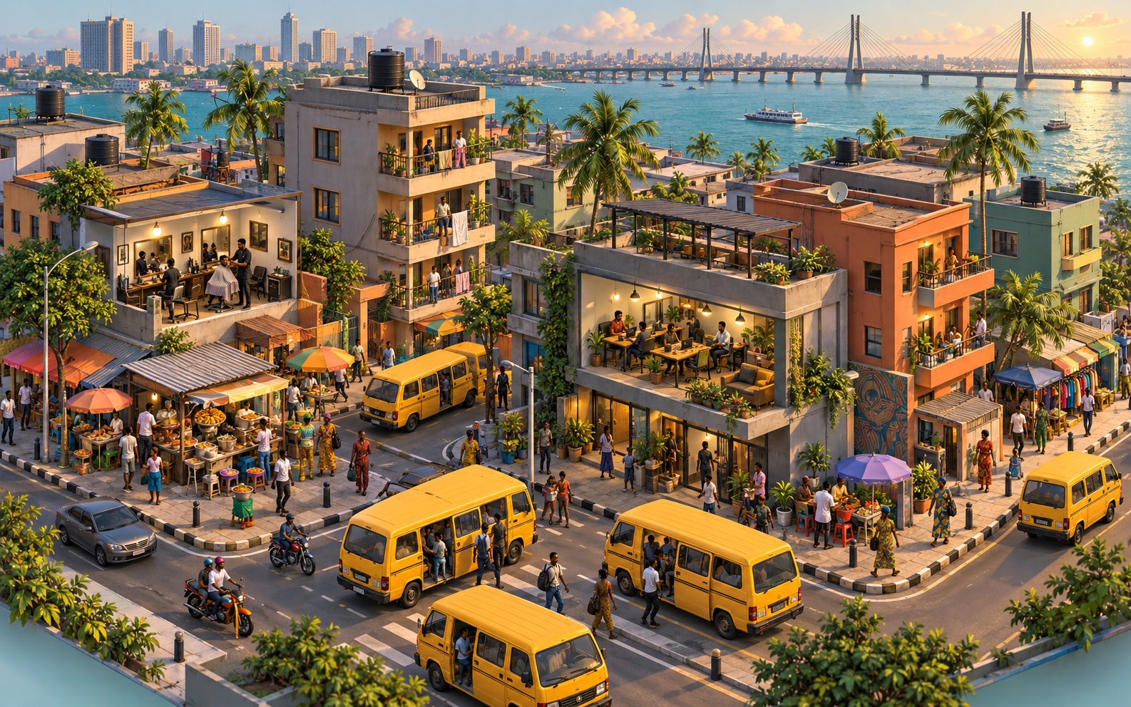 Isometric Lagos street with a yellow Danfo bus, apartments, food stalls and people